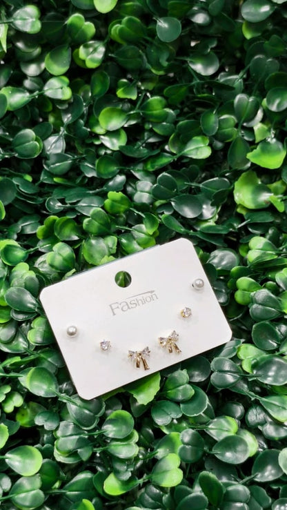 American Diamond Combo Earrings Card - Bow - Gold (ATE_007)