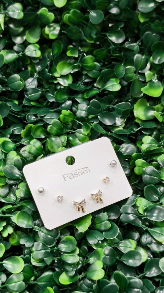 American Diamond Combo Earrings Card - Bow - Gold (ATE_007)