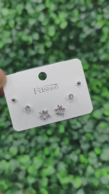 American Diamond Combo Earrings Card - Star Shaped - Silver (ATE_011)