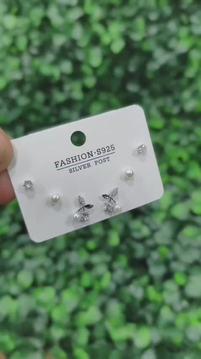 American Diamond Combo Earrings Card - Leaf with Pearl- Silver (ATE_008)