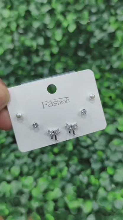American Diamond Combo Earrings Card - Bow - Silver (ATE_006)