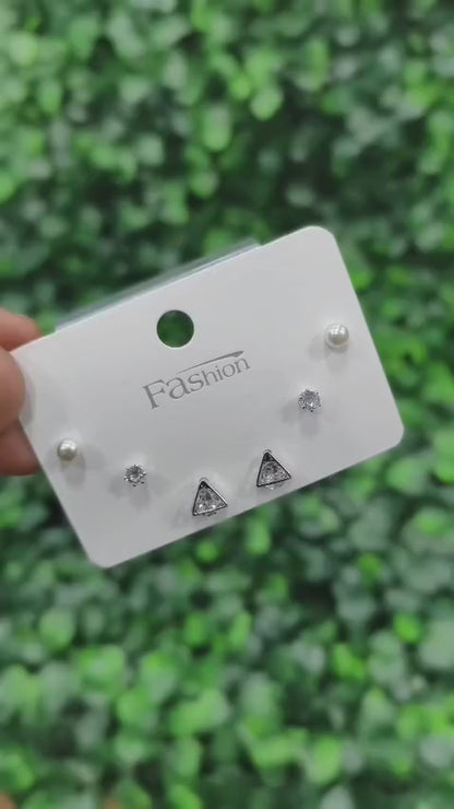 American Diamond Combo Earrings Card - Triangle Shaped - Silver (ATE_010)