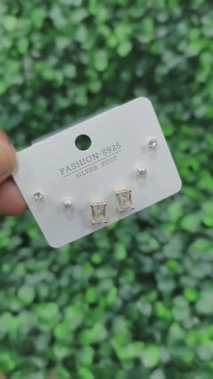 American Diamond Combo Earrings Card - Rectangle Shaped - Silver (ATE_009)