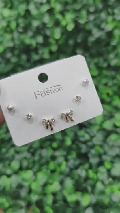 American Diamond Combo Earrings Card - Bow - Gold (ATE_007)